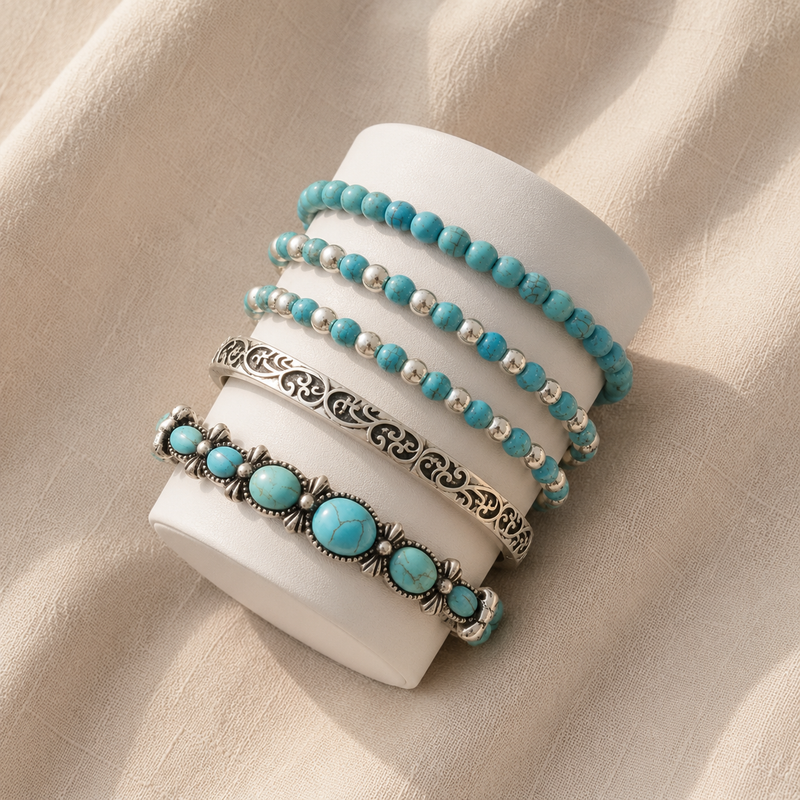 Conjunto de pulseiras boémias com contas turquesa