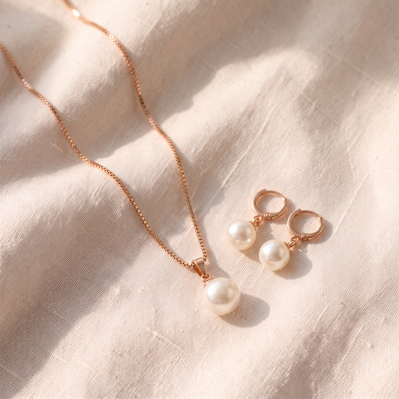 Conjunto de três peças com colar e brincos de pérolas